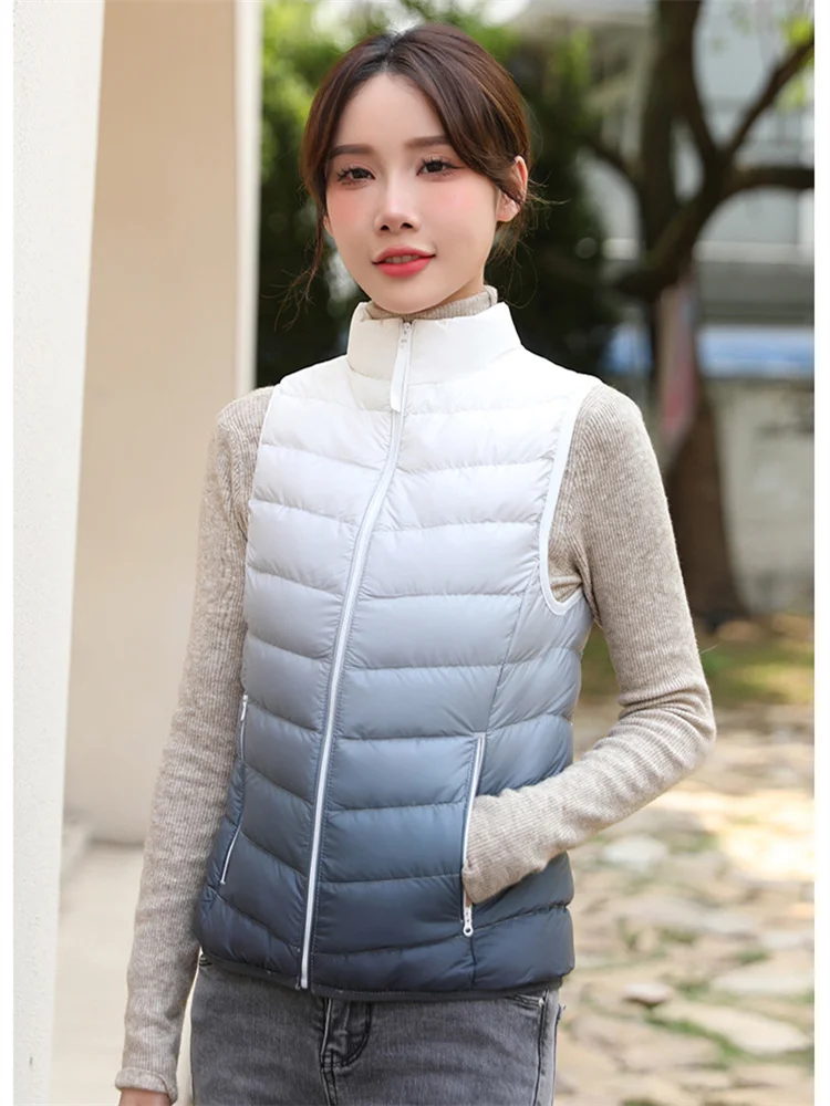 Autumn Winter Warm Gradient Down Waistcoat Jacket Women Ultra Light White Duck Down Vest Lady Short Sleeveless Bigsize Tank Coat