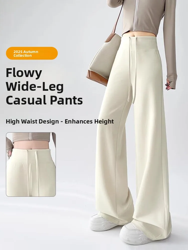 

White Thiened Spor Wide Leg Pants Women's High Waist Straight Cut Casual Yoga Trousers Comfortable Soft Polyester Blend