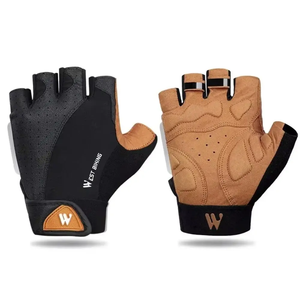 LYCRA PU Leather Motorcycle Riding Gloves Black+Brown Breathable Half Finger Mittens Nonslip Wear-resistant Touch Screen Glove