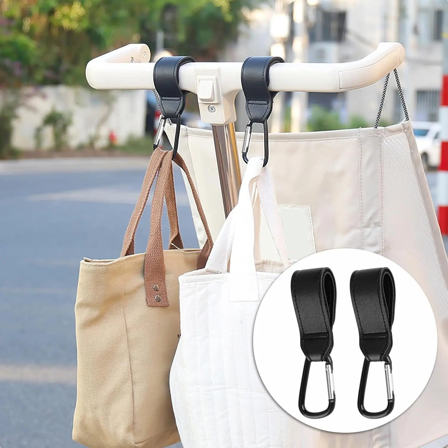 خطافين لعربة الأطفال من جلد البولي يوريثان، سعة تحميل 30 كجم تدور 360 درجة، مناسبة لعربات الأطفال وما إلى ذلك