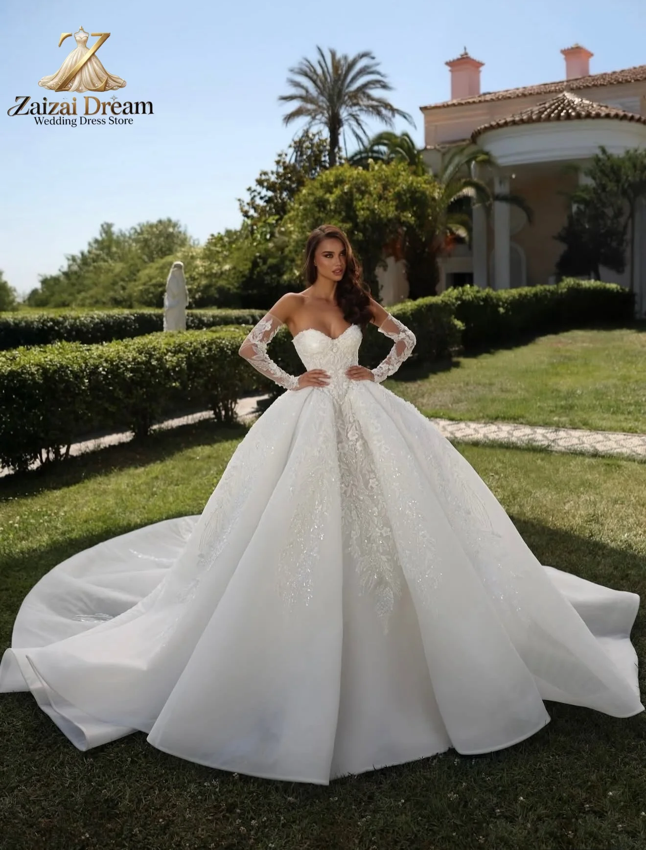 Customzied Luxury Off Shoulder Ball Gown Wedding Dress Sweetheart Lace Long Sleeves Princess Bridal Gown Vestido De Novia