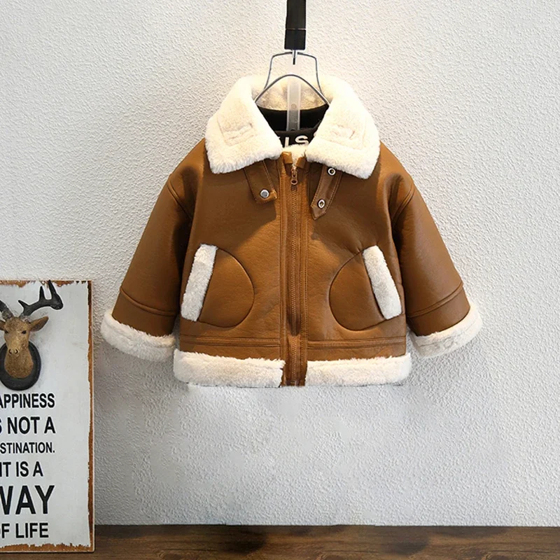 

Children's Velvet Leather Coat 2024 Autumn Winter Boys' Plush Thickened Pu Jacket Baby Girls Laple Warm Outerwear 2-7Years Old