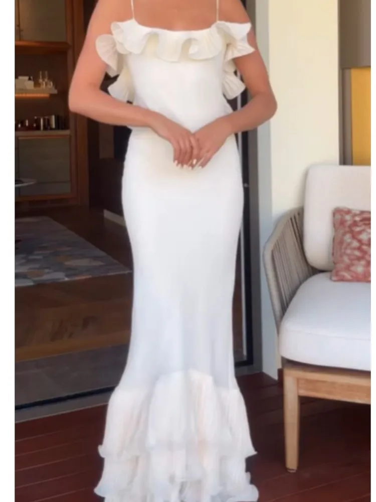 

Straps Leaky Back Ruffled Dress Hip-hugging Long Dress Spaghetti Strap Solid Color Evening Dress Temperament Trendy Vestidos