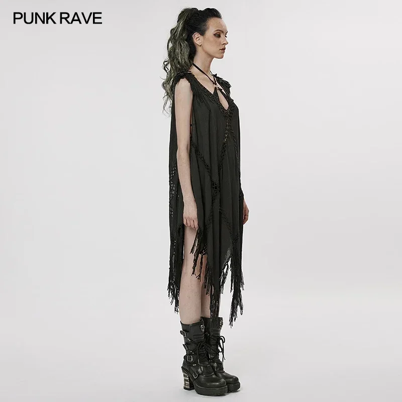 PUNK RAVE Women\'s New Gothic Large V-neck Witch Woven Dress Punk Hollow Personality Loose Tassels Hem Dresses Summer Streetwear