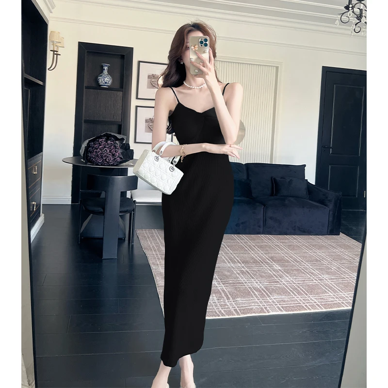 Women Long Dress Summer New Sexy Knitted Suspender Thin Backless Slim Bodycon Streetwear Beach