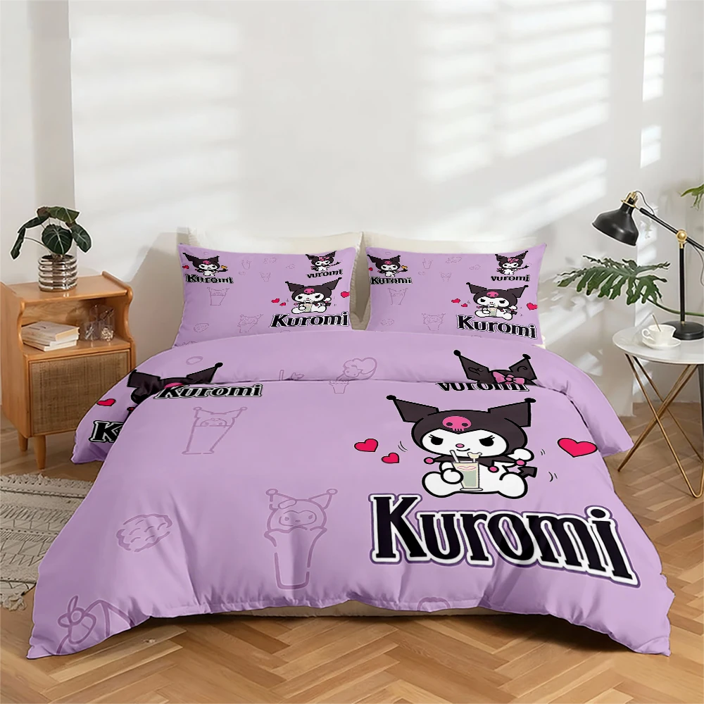 

3-Piece High-Definition Digital Print Bedding Set, Kuromi Pattern Large Floral Duvet Cover Set, Includes 1 Duvet Cover + 2 Pillowcases, Suitable for Bedroom, Guest Room, Home Decoration, Polyester Fiber Duvet Cover + Pillowcases, Ultra-Soft Bedding, Thick