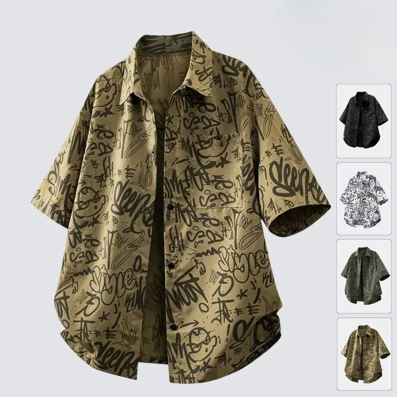 The New Summer Short-sleeved Shirt Men Trendy Stylish and Versatile Features Hong Kong-style Lapel Top and A Half-sleeved Shirt