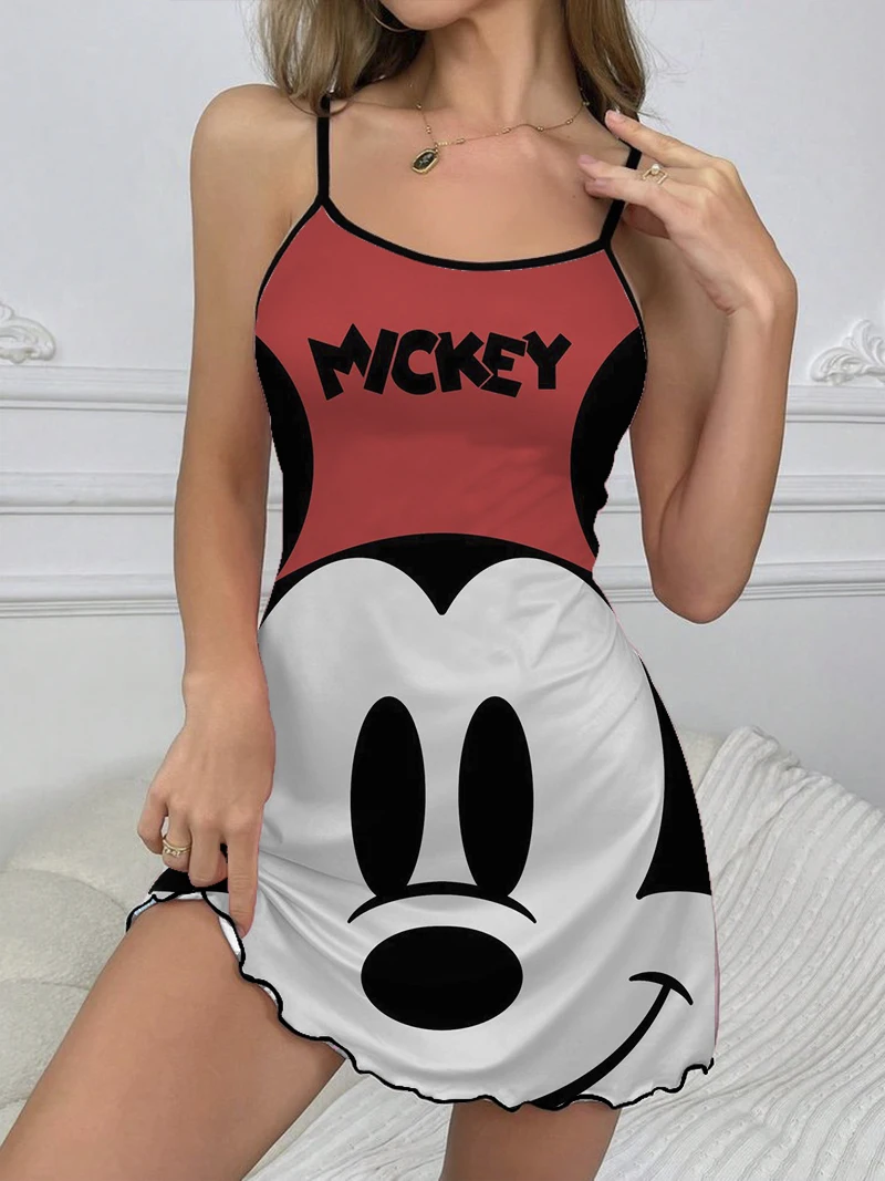 Sexy Kleid Minnie Maus Mode Sommerkleider 2024 Disney Rundhals ausschnitt Mickey Pyjama Rock elegante Kleider für Frauen Salat besatz