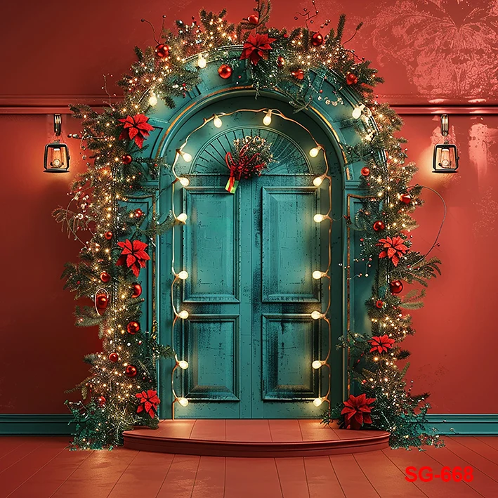 خلفية تصوير بباب أخضر مع أضواء لامعة ، إطار عيد الميلاد ، شجرة عيد الميلاد ، خلفية عطلة عائلية ، طفل