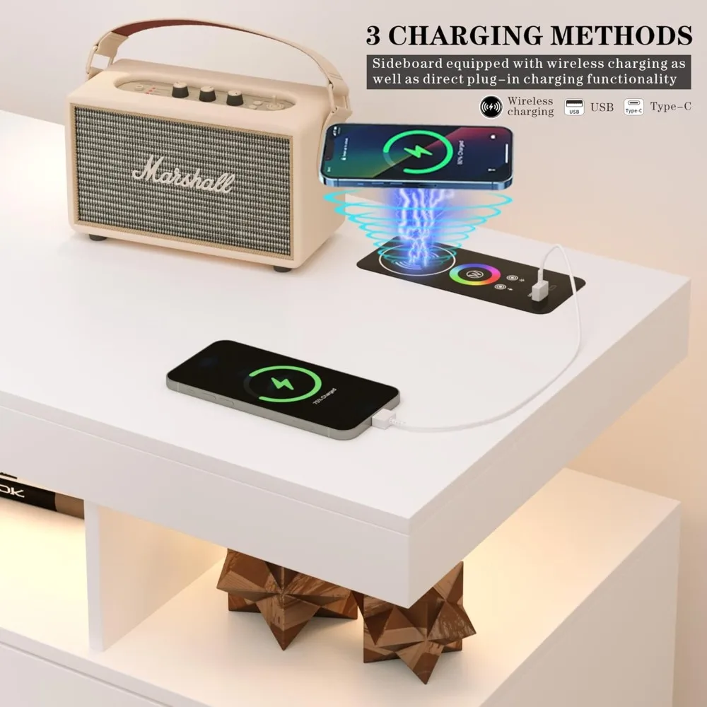 Sideboard Buffet Cabinet with Charging Station, Coffee Bar Table with RGB LED Light, Auto-Sensor Design,with Storage Bar Cabinet