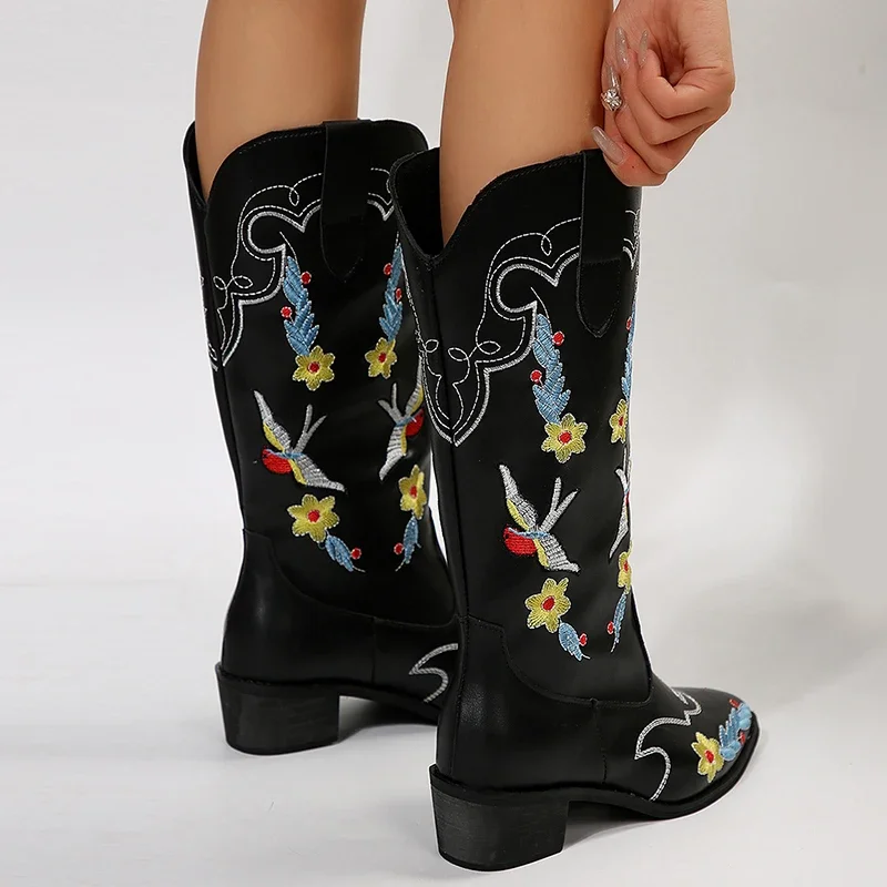 Colorful Embroidery Cowboy Boots for Women Pointed Toe Chunky Heels Women\'s Western Boots Retro PU Leather Knee High Botas Mujer