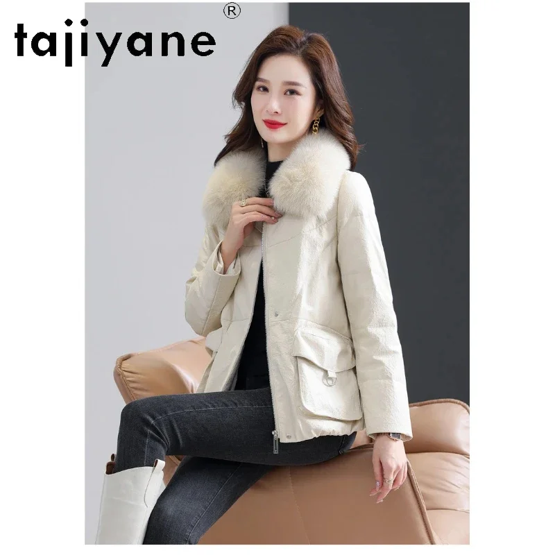 

Real Tajiyane Sheepskin Leather Down Jacket Women Winter Short 90% White Duck Coats Fox Fur Collar Womens Versatile Jackets