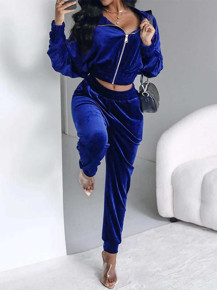 Stand Collar Zipper Design Velvet Coat &Cuffed Pants Tracksuit Set