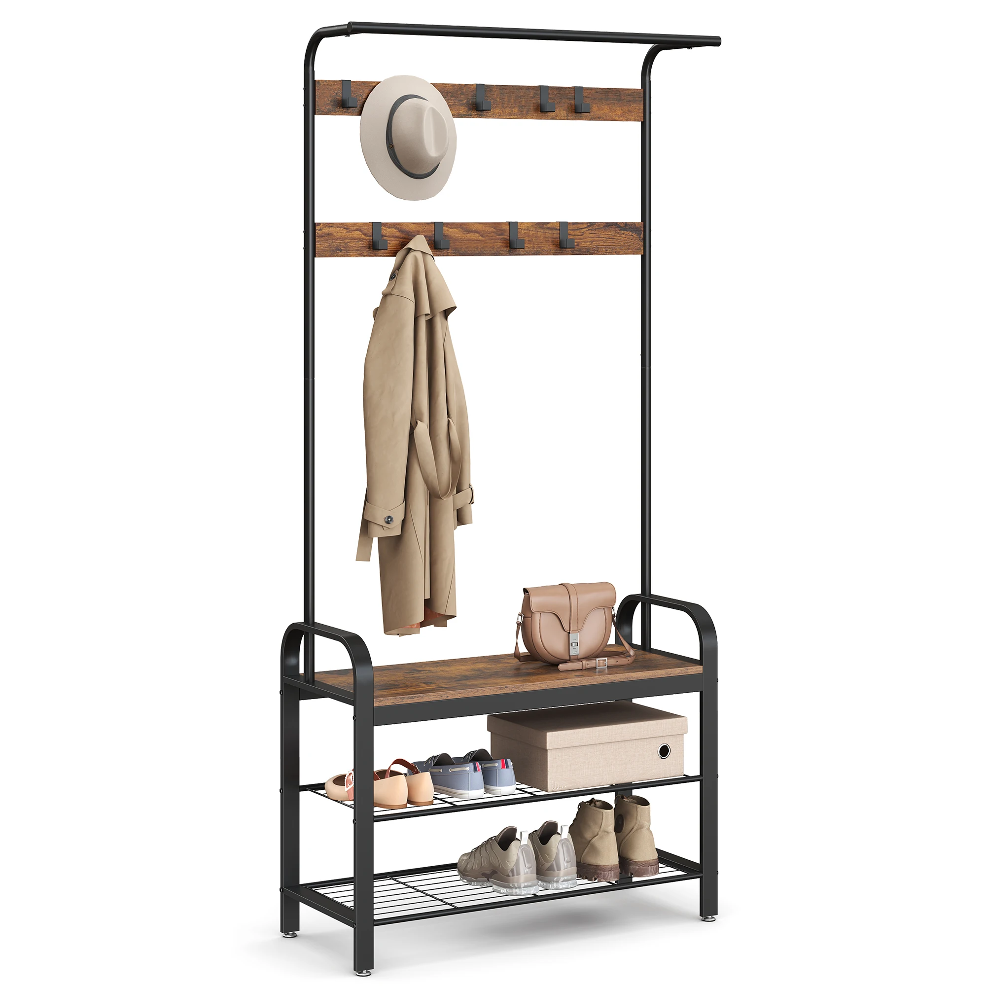 VASAGLE Coat Rack, Hall Tree with Shoe Bench for Entryway, Entryway Bench with Coat Rack, 4-in-1, with 9 Removable Hooks