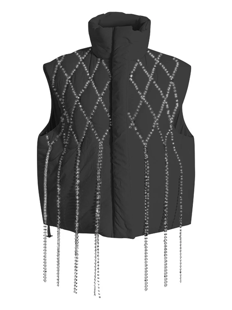 CHICEVER Spliced Diamonds Waistcoats For Women Turtleneck Sleeveless Casual Loose Coat Female Winter Fashion Clothing 2023 New