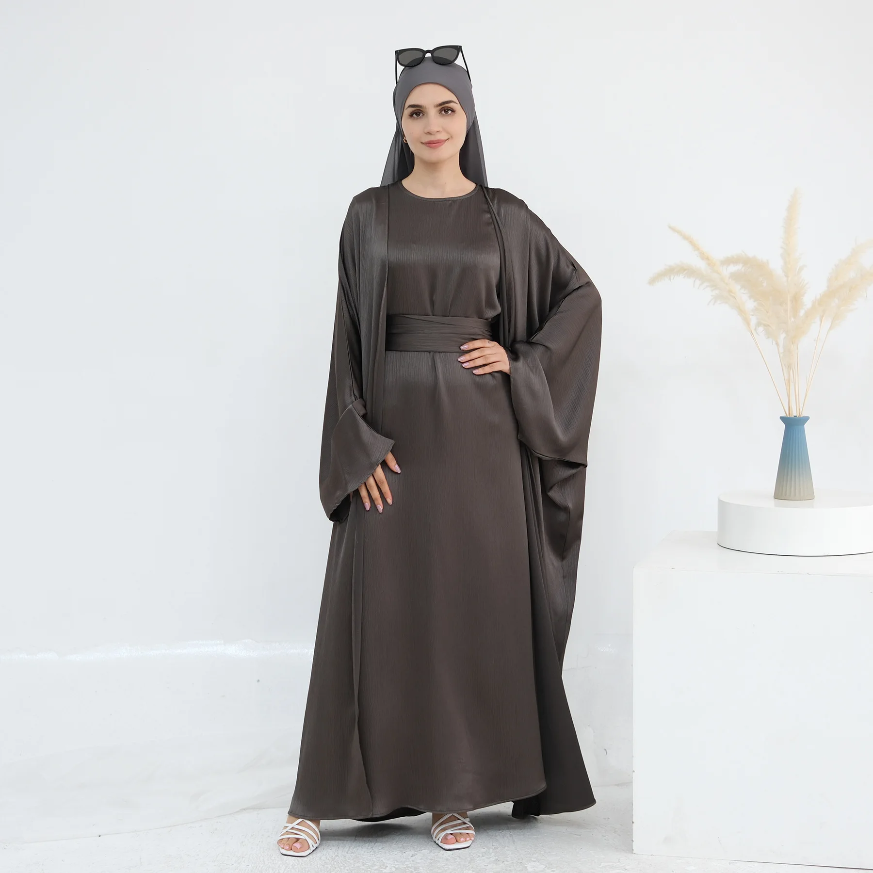 Femmes ouvert Abaya caftan dubaï turquie 2 pièces ensemble musulman Islam Robe Kimono Maroc vêtements Caftan Kebaya Jalabiya Eid costume