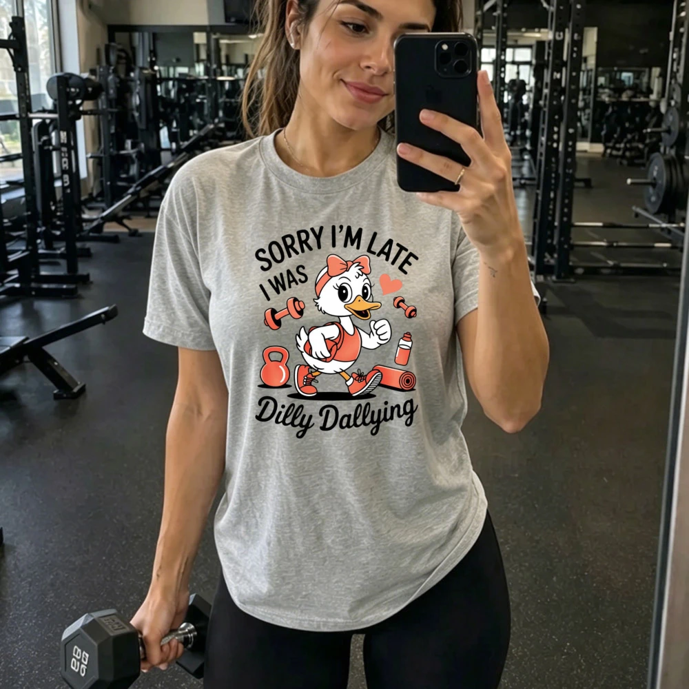 Women Cotton T-Shirt Sorry I'm Late I Was Dilly Dallying Daisy Duck Fitness Cartoon Graphic Casual Funny Slogan Workout Tops