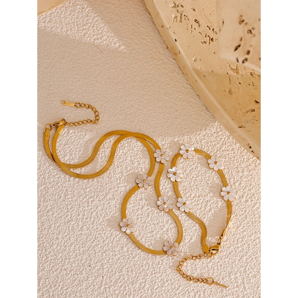 Yhpup Fashion Trendy Style Imitation Shell Flower Chain Necklace Bracelet Cheap Set Trendy Stainless Steel Popular Jewelry