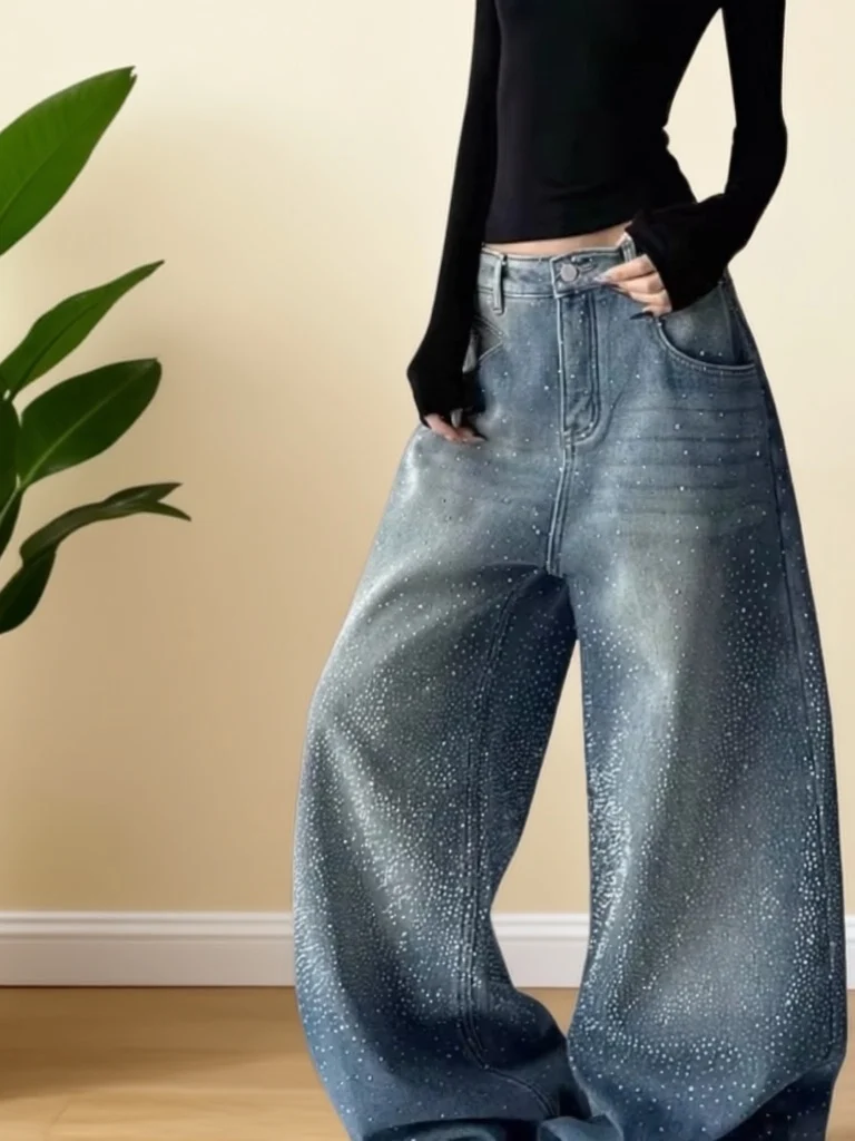 

Весенние женские джинсы с высокой талией и широкими штанинами, повседневные, с тяжелой отделкой стразами, в уличном стиле, больших размеров, синие