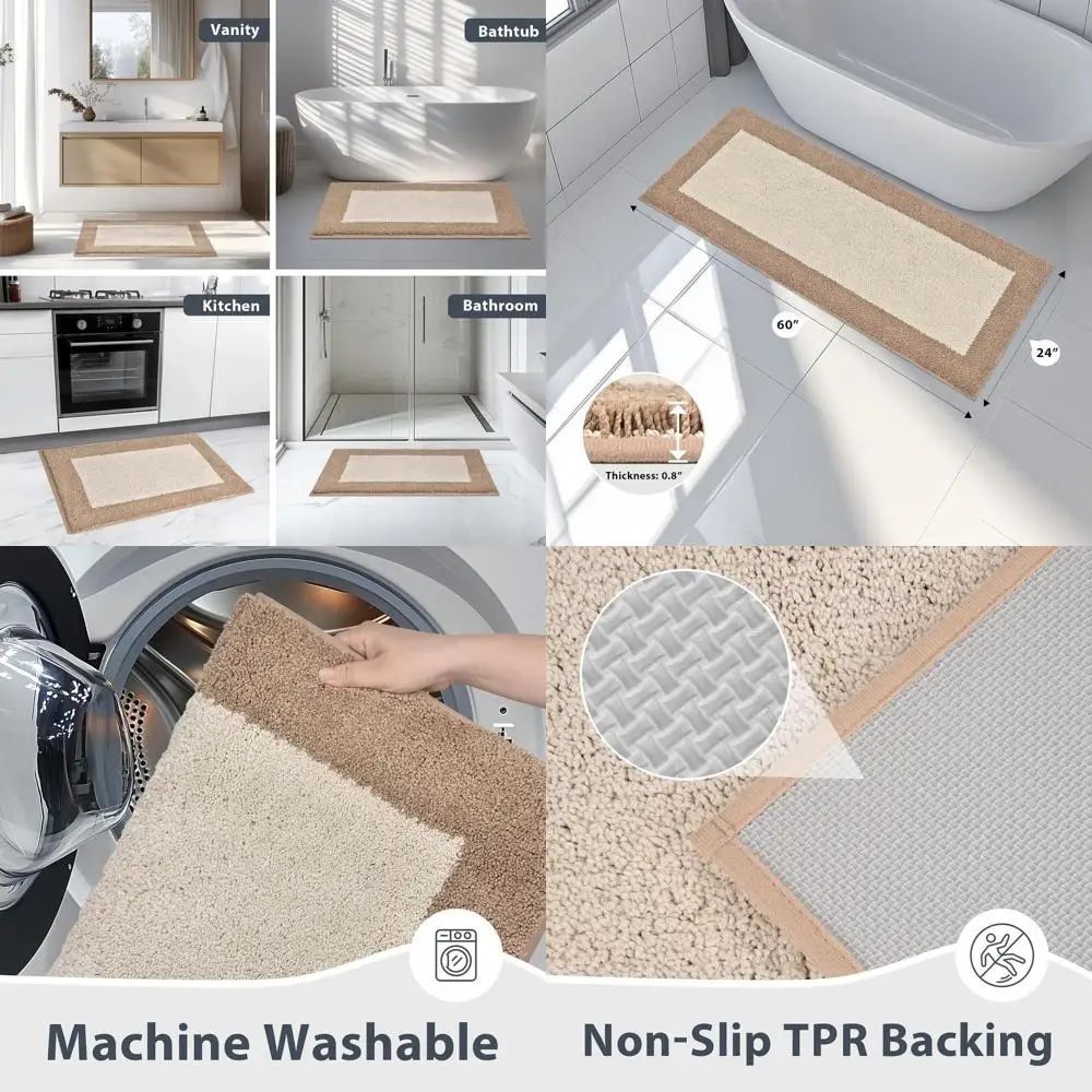 

24 x 60 Soft & Absorbent Non-Slip Bath Rugs, Machine Washable Mats for Bathroom, Shower, Beige & Gray