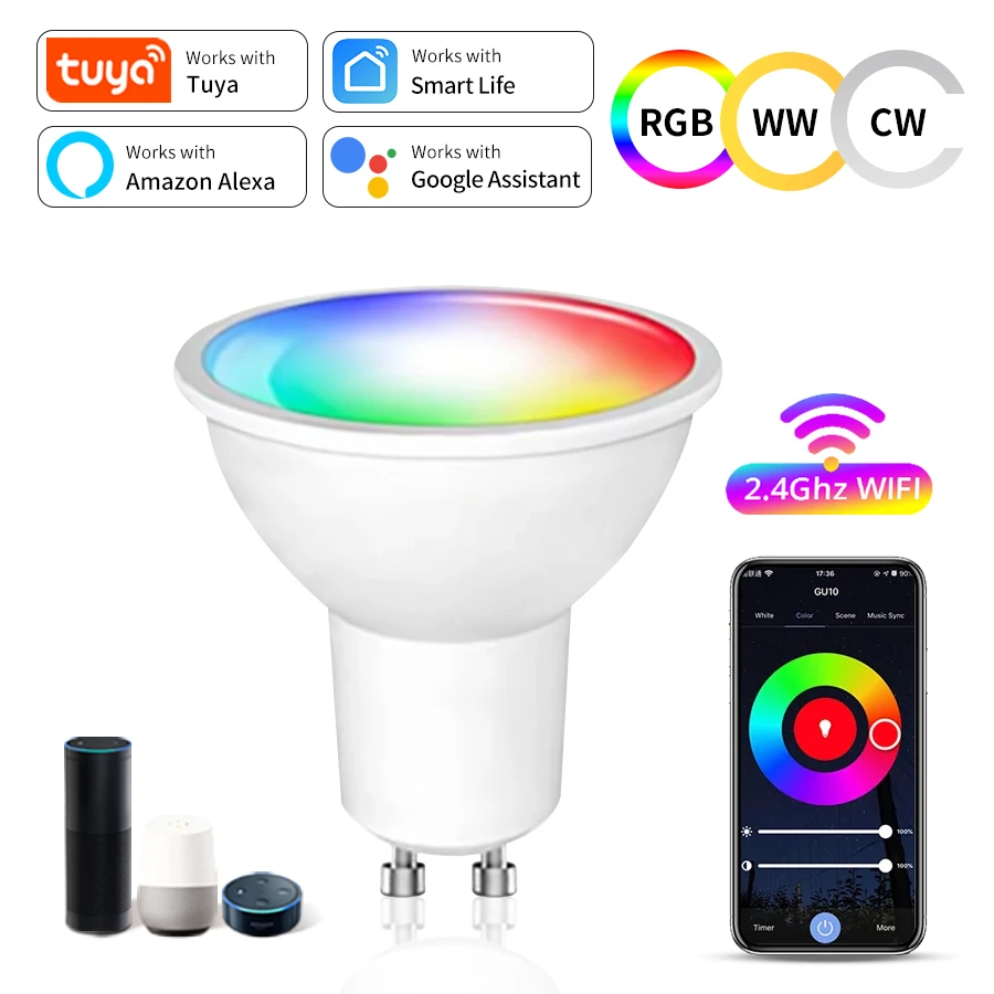 5W 7W 9W 220V 110V Tuya Smart WiFi GU10 Żarówka LED Reflektor Alexa Lampa RGBCW Smart Life Kontrola aplikacji Współpracuje z Google Home Echo