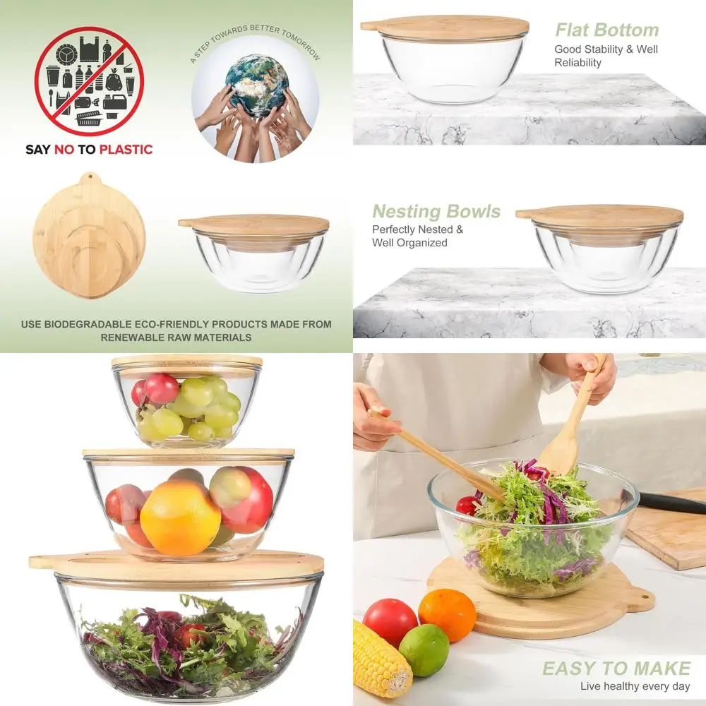 

3-Piece Glass Salad Bowl Set with Bamboo Lids and Utensils for Serving, Cooking, and Storage