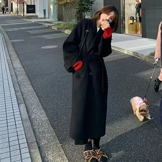 

Hepburn Style Solid Color Woolen Coat Mid-Length Women Autumn Winte Thicken Temperament Woolen Coat 2025 New Women Long Coat