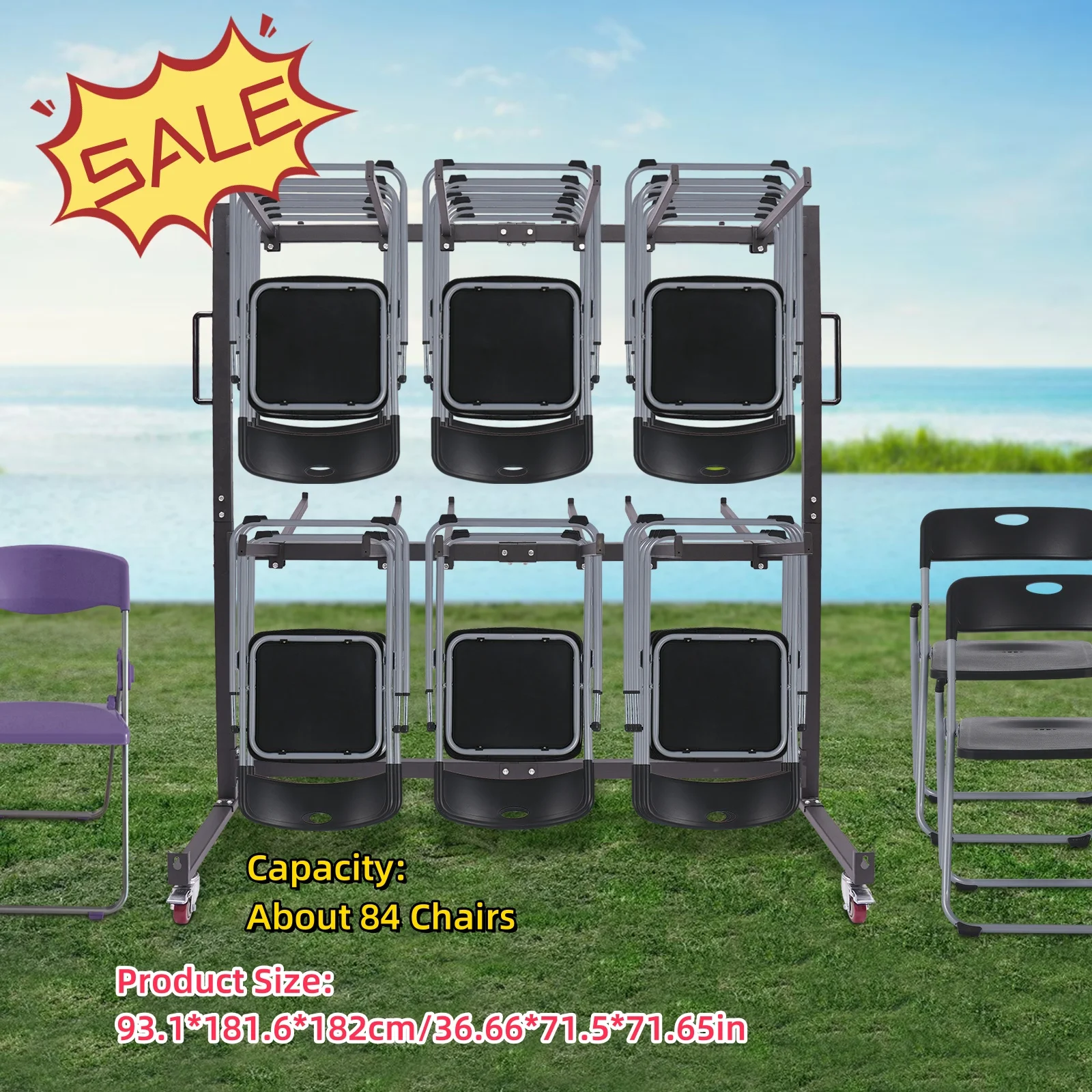 Folding Chair Cart Mobile Stackable Chair Holder Storage Rack Trolley Heavy Duty with 4 Casters