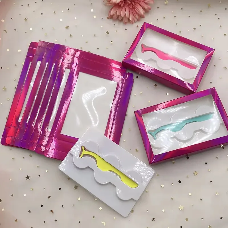 

3 Pairs Lash Box with Lash Tweezer Holographic Color Eyelash Packaging without Lashes