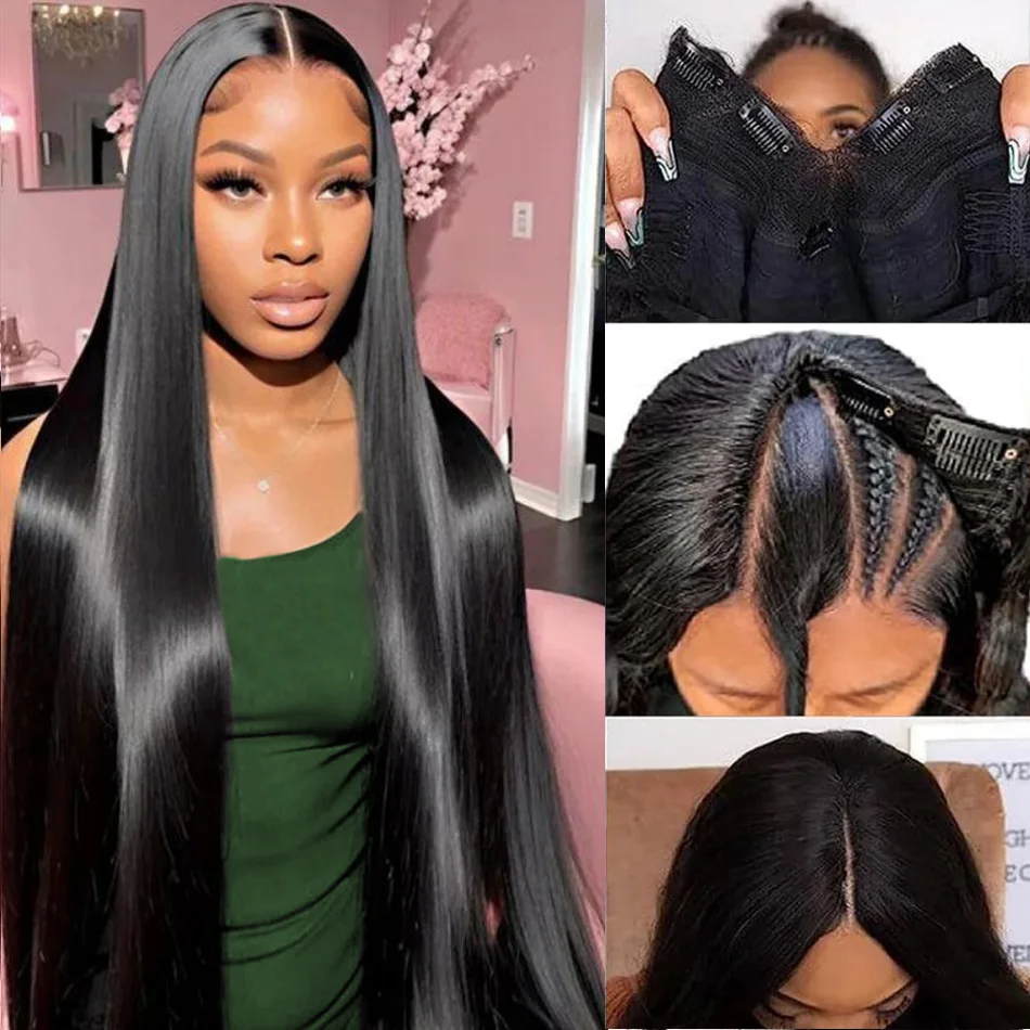 v字型ウィッグ人毛グルレスウィッグ220密度ストレートブラジル人毛ウィッグナチュラルブラック接着剤不要黒人女性用38インチ