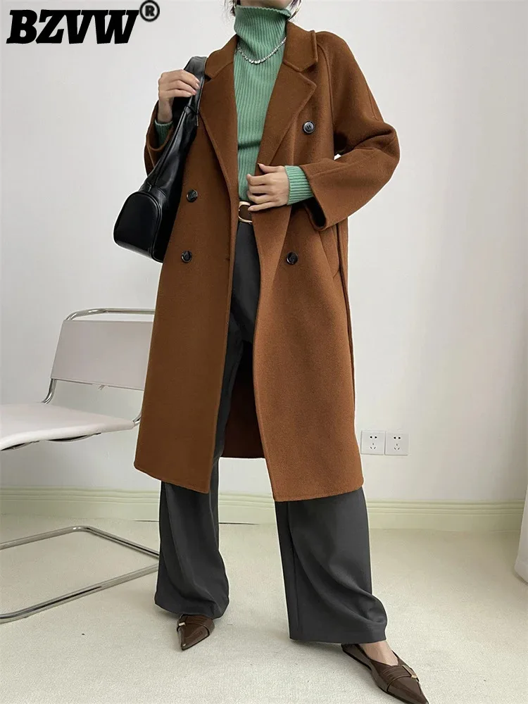 

BZVW High-end Double Sided Woolen Coat Women With Thickened Lapel Belt Gathered Waist Mid Length Coats 2024 Winter New 25Z1046