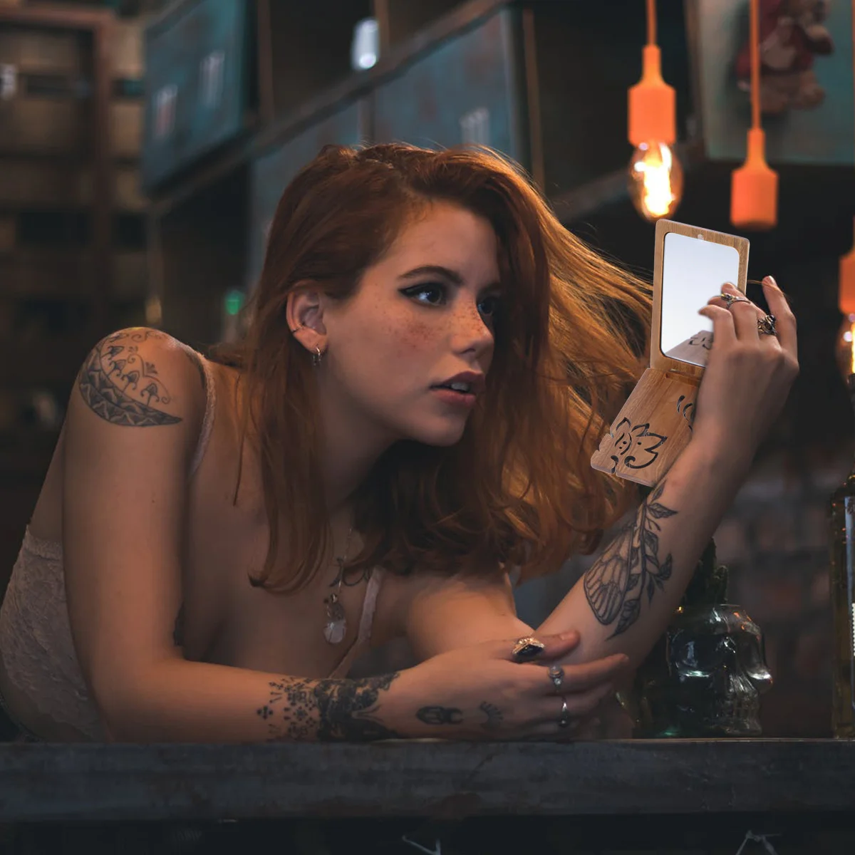 

Portable Foldable Black Gold Wooden Makeup Mirror Eco Friendly Natural Wood Practical Vanity Mirror Desktop Countertop