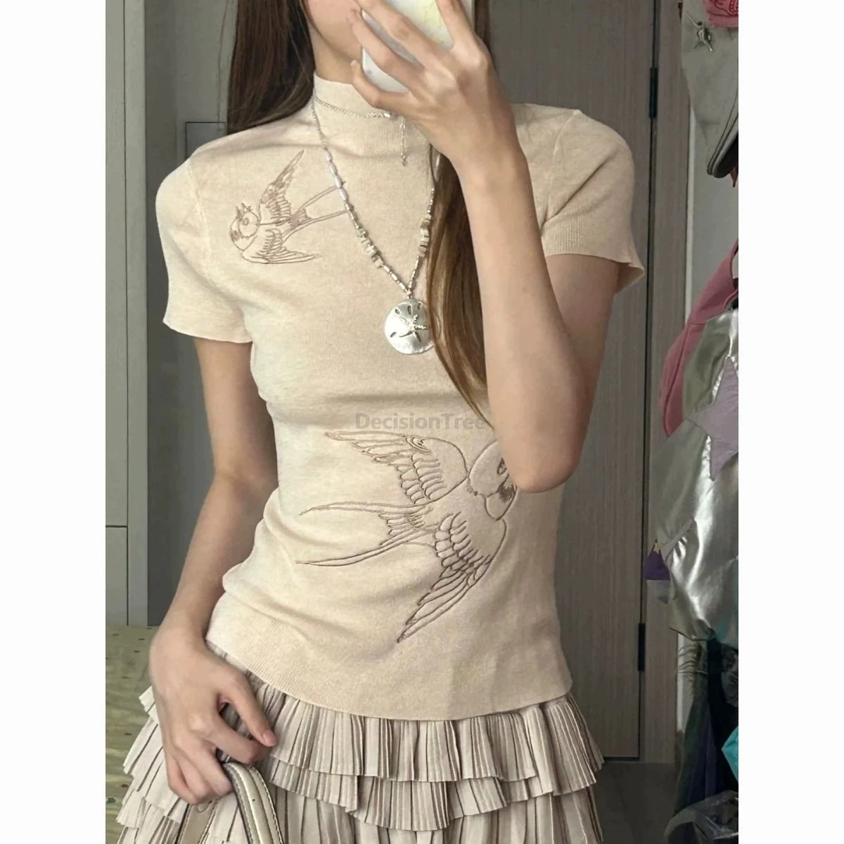 

2025 swallow embroideried knit top vintage design sense chinese tang suit top slim fitting short summer daily sleeved blouse