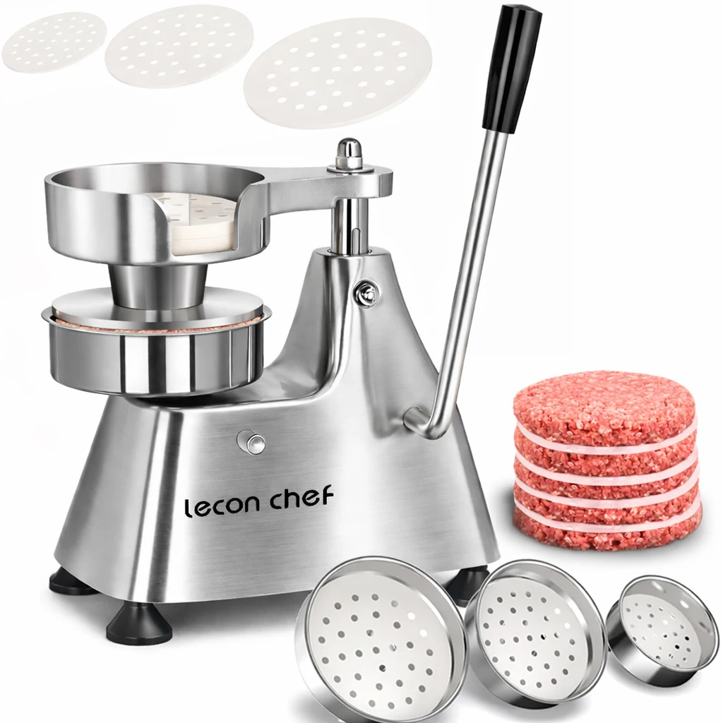 Lecon Chef 3 in 1 Commercial Hamburger Press Patty Maker 4/5/6-Inch 3 Convertible Mold Stainless Steel Burger Press, Meat Forming Processor, 1200 Pcs Patty Papers for Beef Pork Chicken