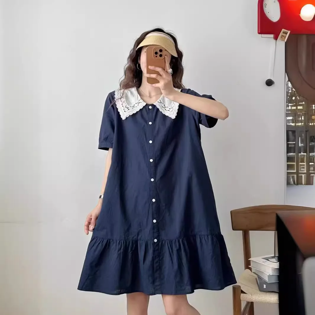

Summer Japanese Sweet Mori Girl Cute Peter Pan Collar Mini Dress Women Short Sleeve Single Breasted Casual Loose A-Line Dress