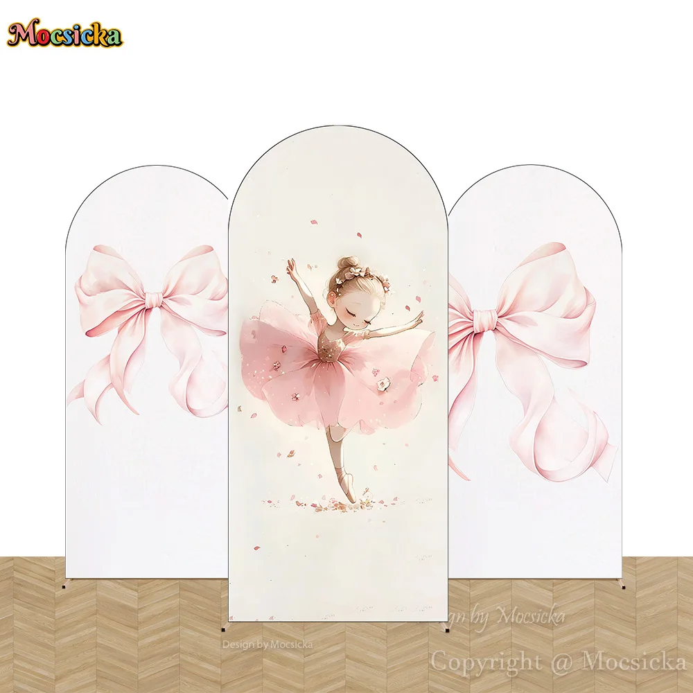 Mocsicka Ballet Girl Birthday Party Arched Backdrop Photography Pink Bow Flower Background Decor Kid Baby Show Photobooth Studio