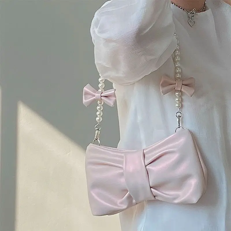 

Sweet Pearl Bow Shoulder Bag For Women PU Leather Gilr Underarm Bag Korean Lady Handbag Trendy New Crossbody Bag Casual Purse