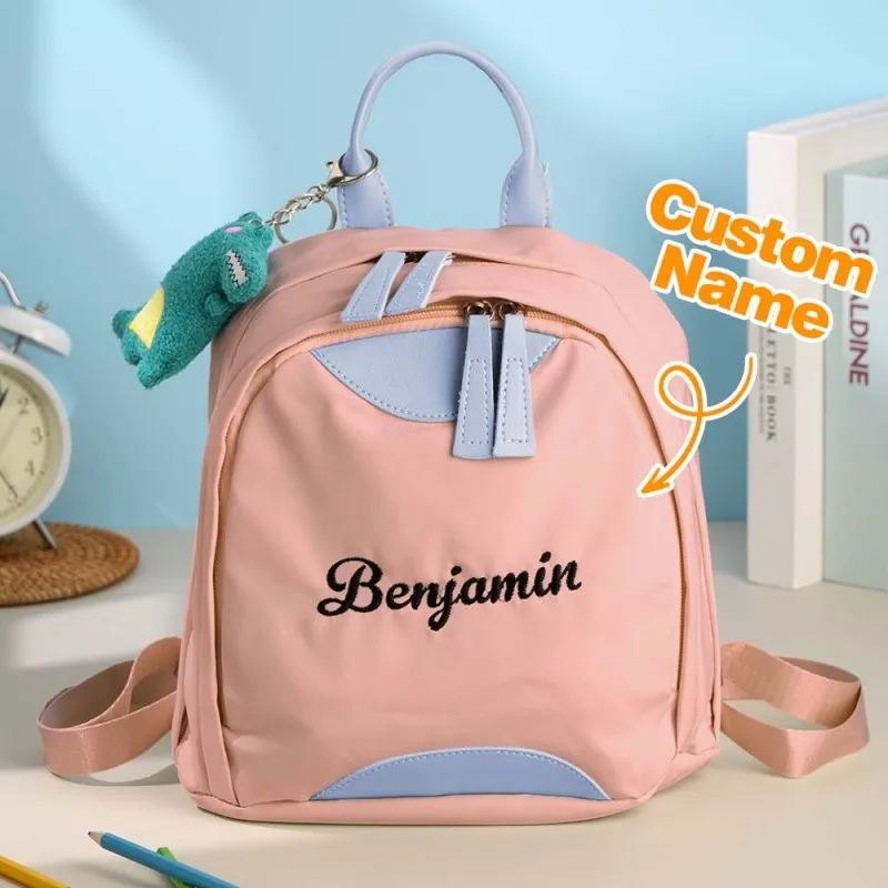 Mochila com bloqueio de cor com nome personalizado, bolsa escolar leve e fofa para meninas, perfeita para escola e passeios casuais