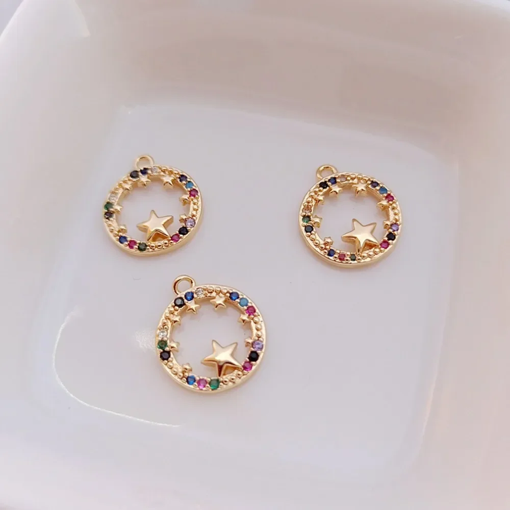 

14K Gold-plated, Inlaid with Colorful Zirconium, Round Five-pointed Star Pendant, Bracelet, Necklace, DIY Handmade Jewelry, 12mm