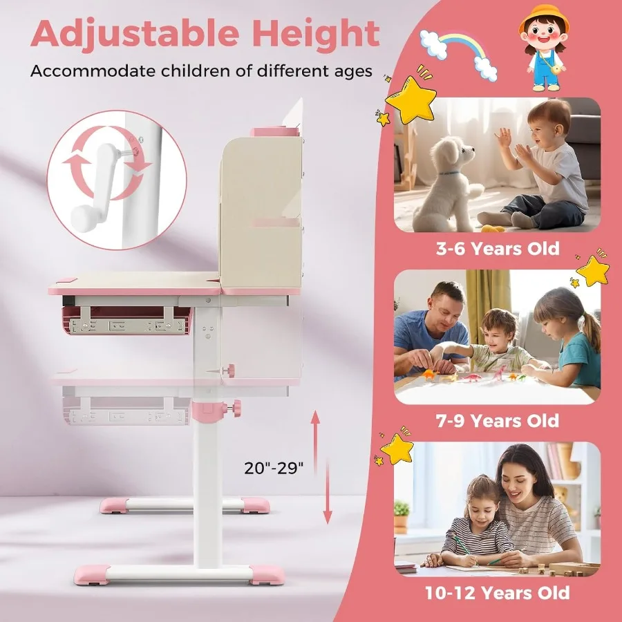 مكتب دراسة مدرسي مع طاولة قابلة للتعديل بارتفاع سطح المكتب قابلة للإمالة مكونة من 7 مستويات تتميز برف كتب مدمج ودرج قابل للسحب