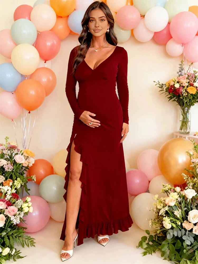 فستان الأمومة التقطت الصور الوردي العميق الخامس شبكة طويلة الأكمام ثوب الحمل عالية الشق كشكش استحمام الطفل الجنس تكشف فساتين #6