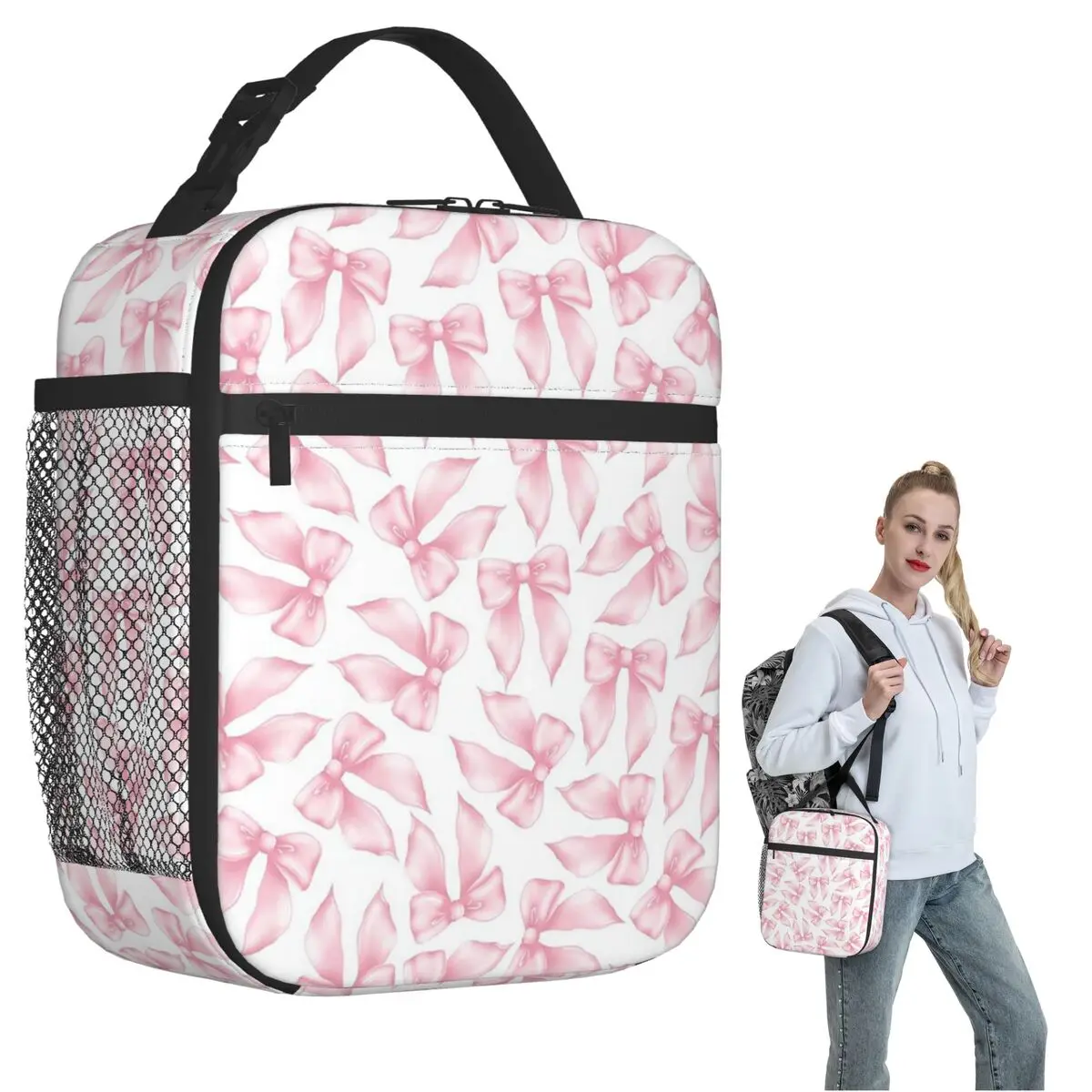 Cochuette Pink Bow Bliss-pattern Sac à lunch isotherme pour femmes et enfants, boîtes à nourriture portables, sac fourre-tout thermique pour boîte à lunch