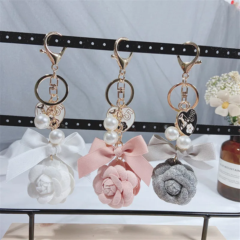 Luxury Heart Camellia Bow Tie Car Key Chains Women Bag Handbag Pendants Keychain Gift Jewelry