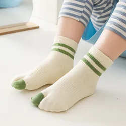 Tabi-Calcetines de algodón puro para niños y niñas, calcetín de tubo medio a rayas con dos dedos del pie, 5 pares