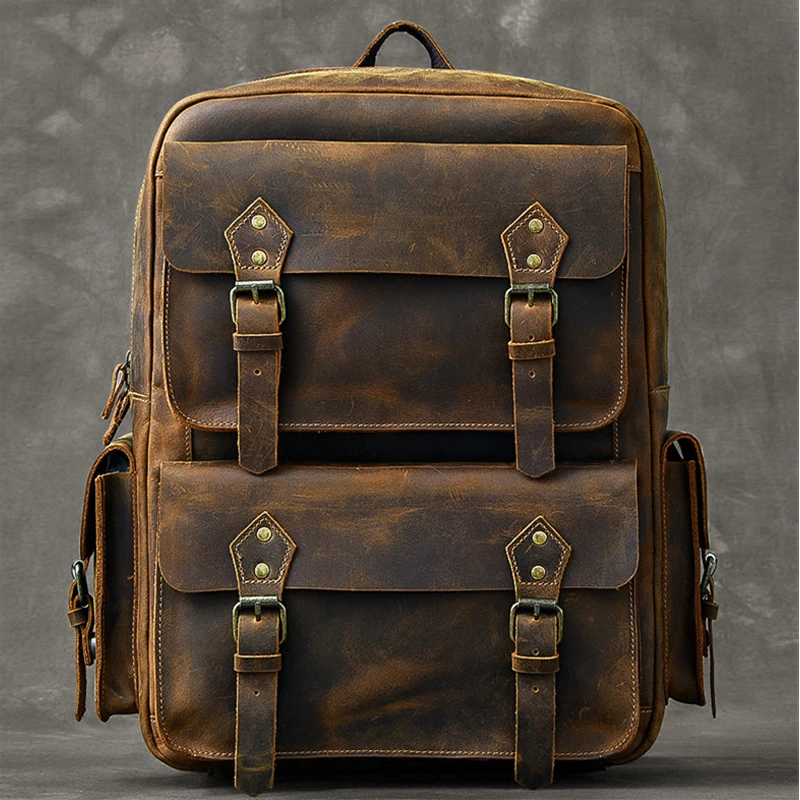 

Vintage Full Grain Genuine Leather Men's Backpack Large Hiking Bagpack Cowhide Mochila 17"Laptop Case Travel Daypack Rucksack