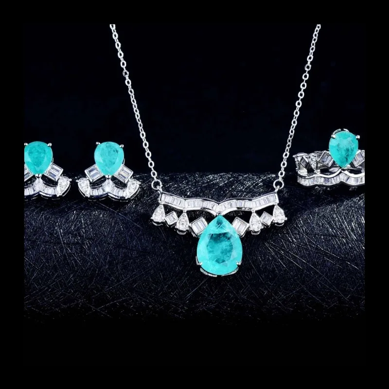 مجموعة بارايبا المقلدة المباشرة، قلادة التاج الماسية الكاملة الفاخرة، أقراط على شكل كمثرى، حلقة مفتوحة.