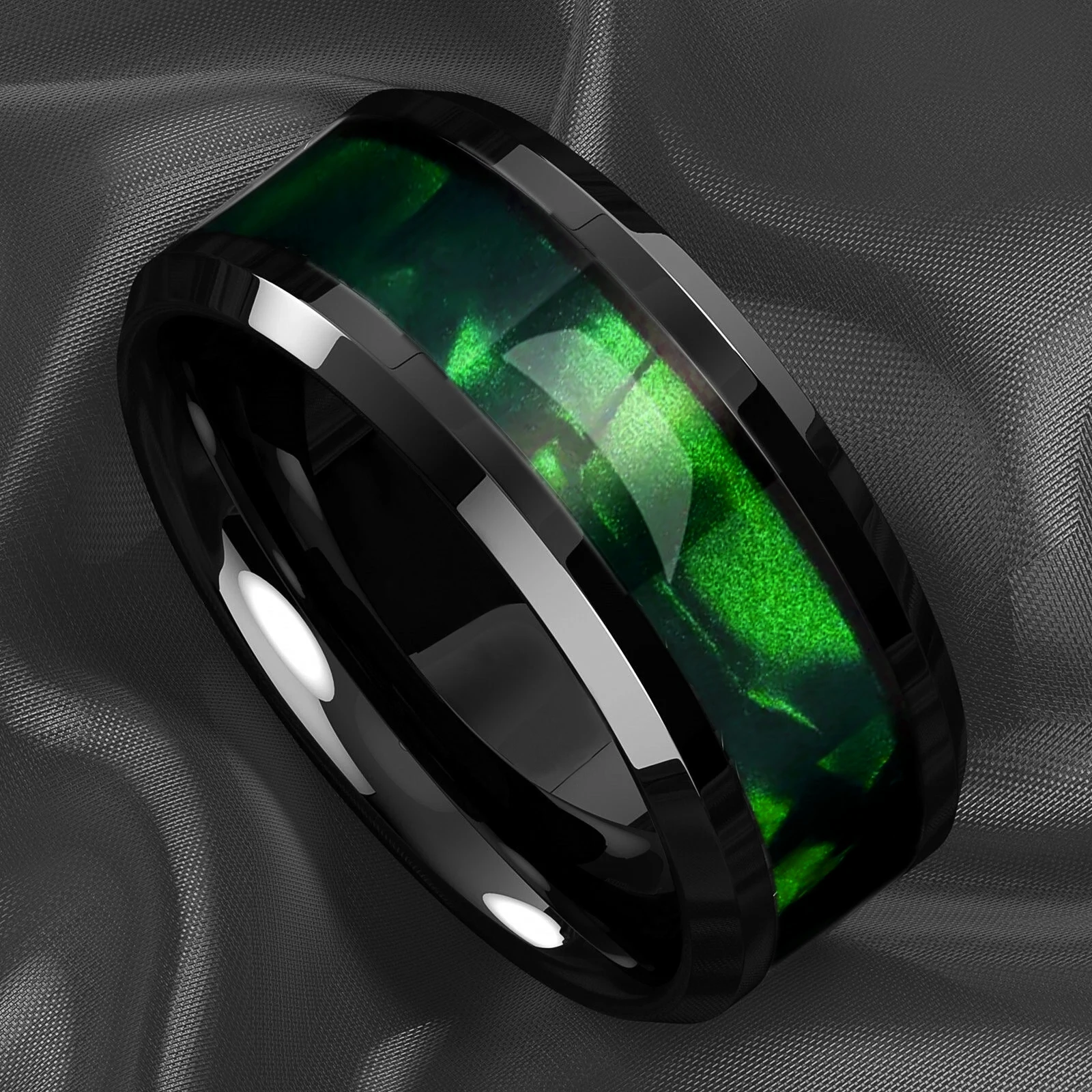 Fashion 8mm Black Stainless Steel Rings for Men Women, High Polished Green Abalone Shell Inlay Men Ring, Wedding Party Jewelry