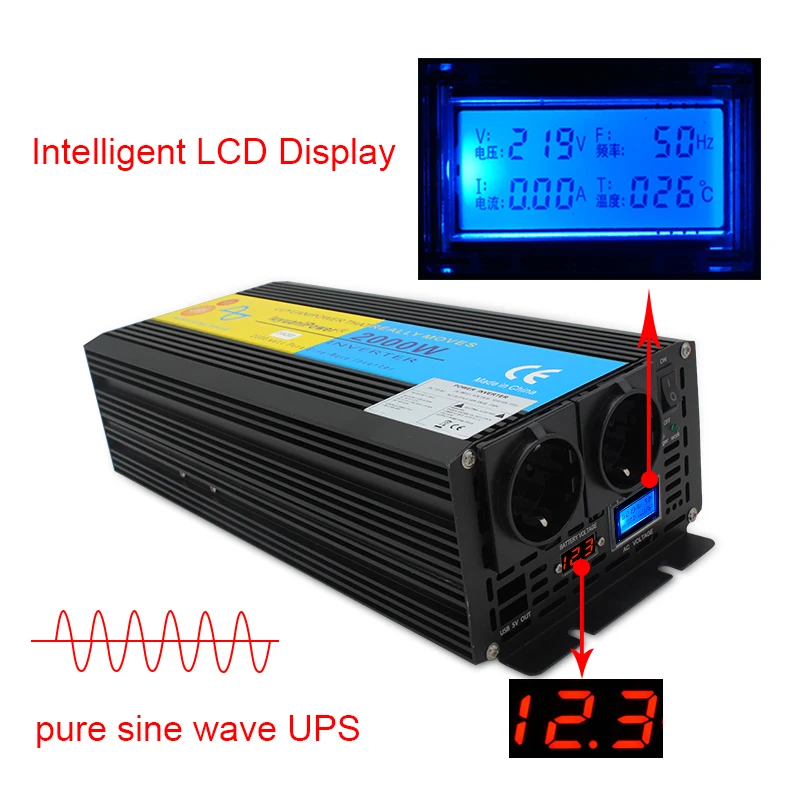 Inversor UPS de onda sinusoidal pura con batería para el hogar, máquina de suministro de energía de cc 12V a CA 220V, inversor de frecuencia de la UE, proveedor de fábrica