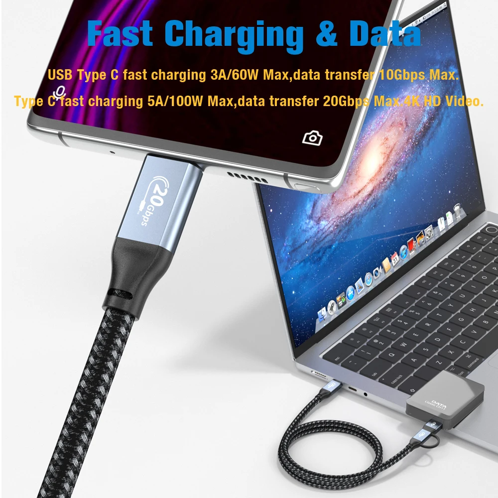 Type C Charge Cable Fast Charger Cord OTG USB C Adapter Phone Data Converter 2 In 1 Short Wire 5A 100W for Macbook M2 Steam Deck