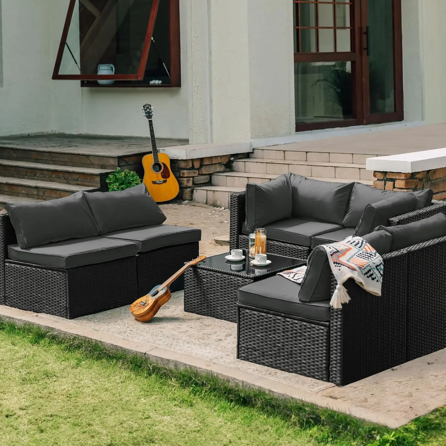 Set furnitur teras-bagian luar ruangan dengan bantal dan Set percakapan teras meja kaca untuk Sofa halaman belakang teras